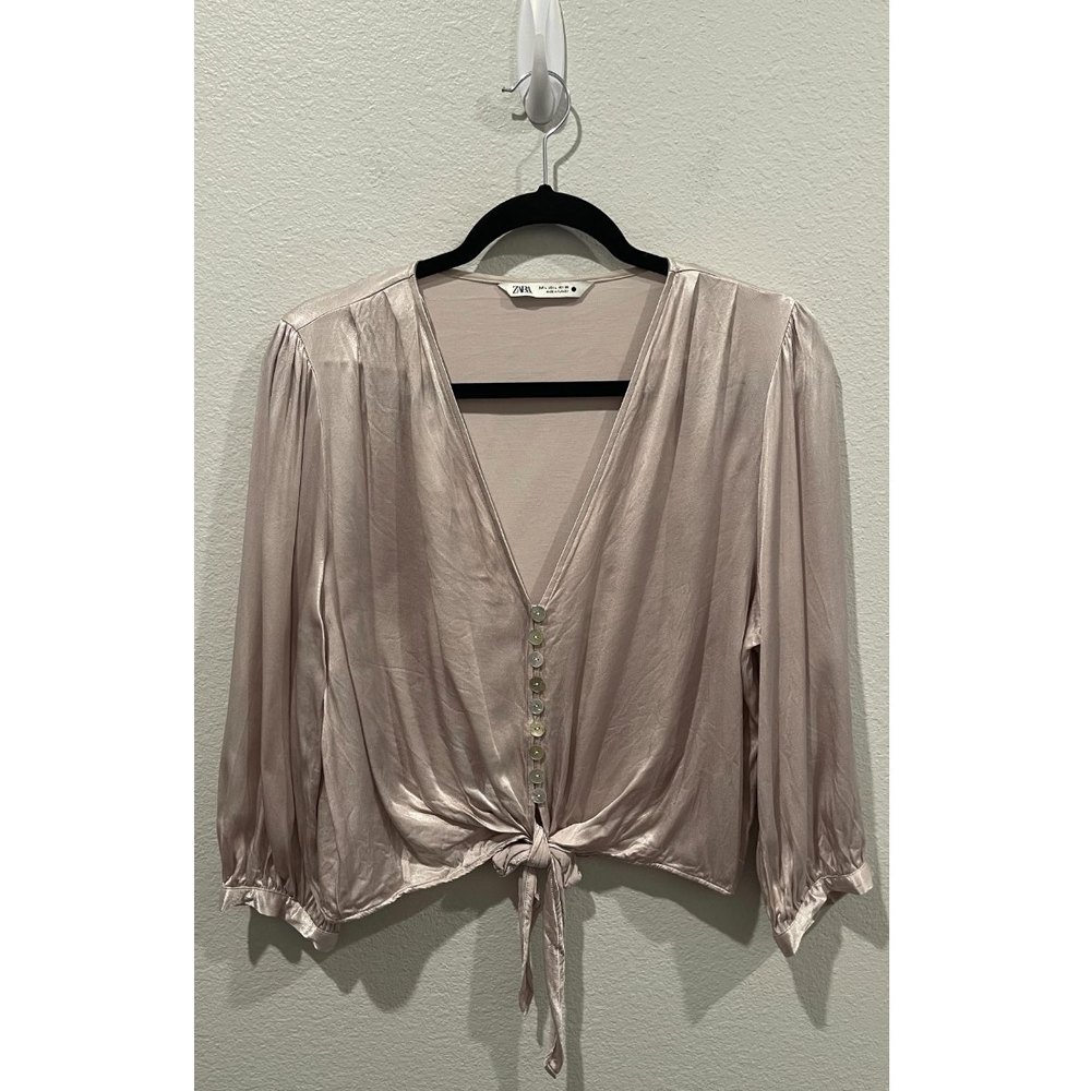 ZARA V-Neck Button Down Cream Blouse